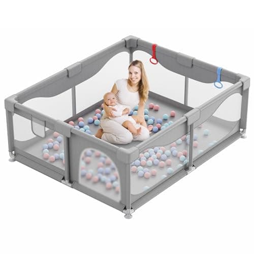 Image of Valquid Baby Playpen, 130X130cm Playpen for Baby and Toddlers with Suction Cups, Anti-Fall Fence Kids Activity Center with Breathable Mesh, Ideal for Indoor & Outdoor, Grey