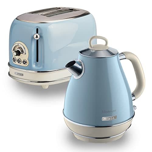 Image of Ariete ARPK3 Retro Style Jug Kettle and 2 Slice Toaster Set, Vintage Design, Blue
