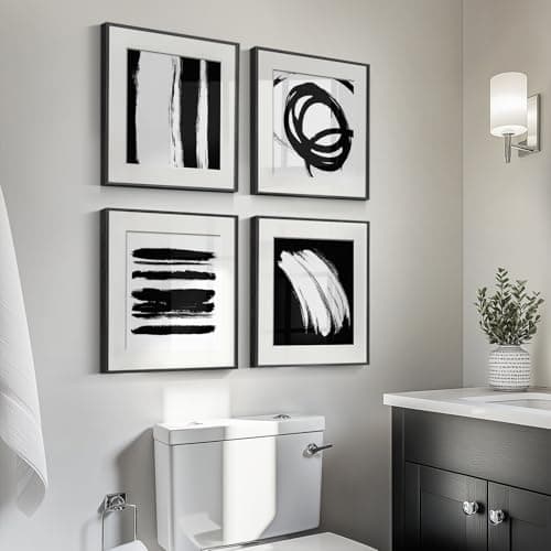 Image of Framed Modern Black and White Abstract Set of 4 Wall Art Canvas Paintings Wall Decor Prints Picture Artwork for Dining Bedroom Living Room Kitchen Office Home 12x12 x 4 Piece