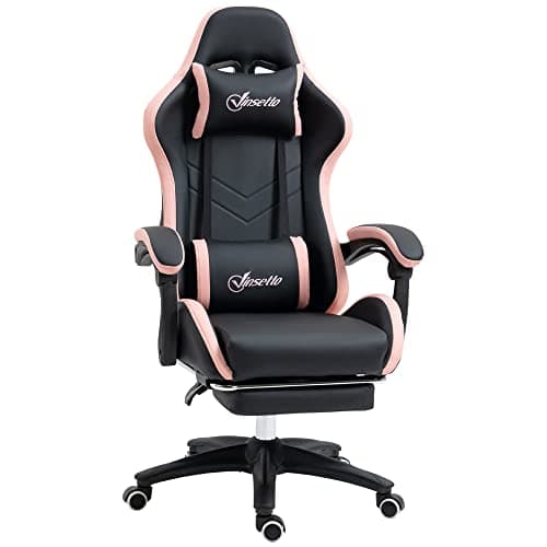 Image of Vinsetto Computer Gaming Chair, PU Leather Office Desk Chair with Footrest, Swivel Wheels, 135° Reclining Back, Lumbar Support, Headrest for Home, Black and Pink