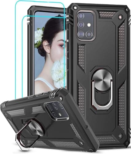 Image of LeYi Case for Samsung Galaxy A51 4G with [2 Pieces] Tempered Glass Ring Stand, Double Layer Reinforced Defense Bumper TPU Silicone Shockproof Armor Protection Case Cover Samsung A51 Black