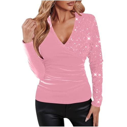 Image of Sequin Tops for Women UK Sparkly Velvet Long Sleeve V Neck Blouses Shiny Loose Casual s Tunic Tee Ladies Elegant Party Club Dressy T Shirt Sweater Evening Cocktail Wedding Christmas Size 8-16 Pink