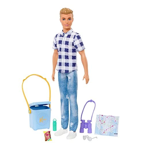 Image of Barbie It Takes Two Camping Set with Blonde Ken Doll in Plaid Shirt & Accessories Including Cooler, Map & More, HHR66