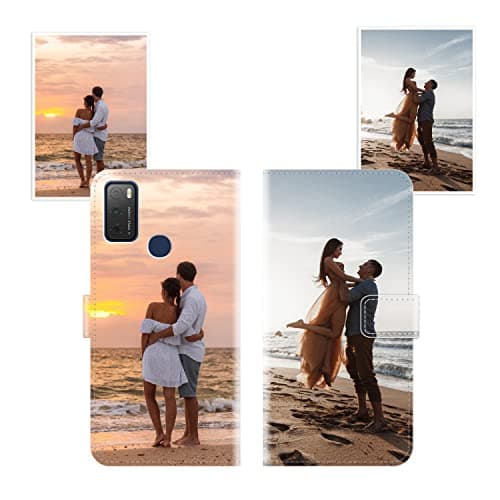 Image of Sunrive Personalised Custom PU Leather Phone Case compatible with alcatel 3L (2021),Customised Cover with your own photo,image,Picture,or text Make Your Own Case + Phone Lanyard