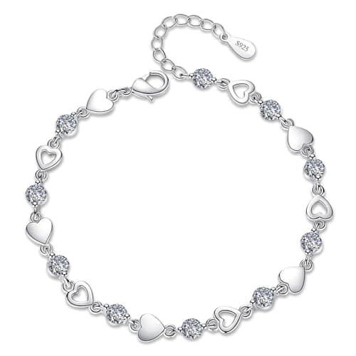 Image of Sterling Silver Love Heart Bracelet for Women - 925 Silver Shiny Crystal Diamond Adjustable Charm Bracelet for Girls - Ladies Jewellery