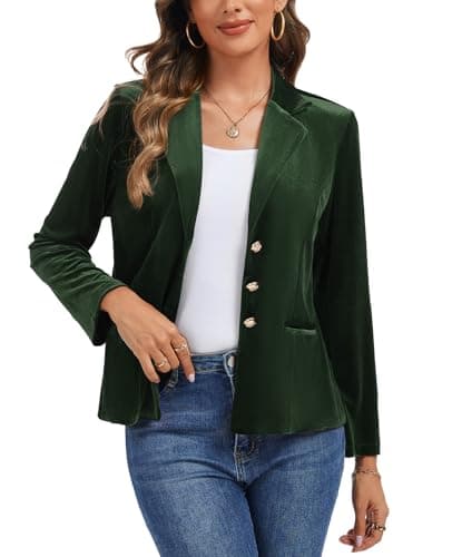 Image of Kyzoeyou Women's Velvet Blazer Suit Casual Long Sleeve Jacket Classic Notched Collar Workwear Three Button Closure Office Formal Suits(Army Green Medium)