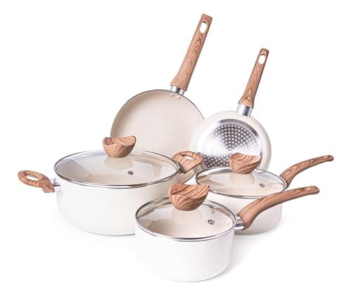 Image of Non Stick Pots and Pans Set – Induction Hob Pot Set – 8pcs Kitchen Cookware with Lids – Cooking Cream Granite Saucepan Pots and Frying Pans – by Nuovva