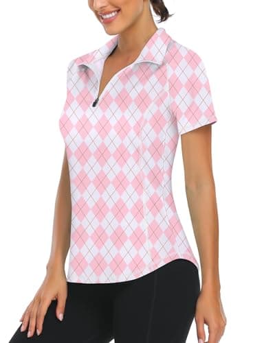 Image of Women's Short Sleeve Golf Clothing Floral Fitness Clothes Polo Shirts Golf Tennis Zip Up Sports Workout tee Shirts