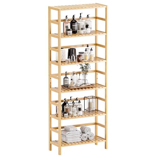 Image of HITNET Bamboo Shelf, 6-Tier Adjustable Tall Open Bookcase, Bathroom Storage Rack Freestanding Shelving Unit, Plant Display Stand for Small Space, Natural