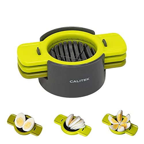 Image of Calitek Egg Slicer with 3 Cutters Multipurpose 3 in 1 Multi Tool Cut Wedge Slice for Boiled Eggs Fruit Mushroom Tomatoes with Stainless Steel Blades and Non Slip Base Dishwasher Safe (Green)