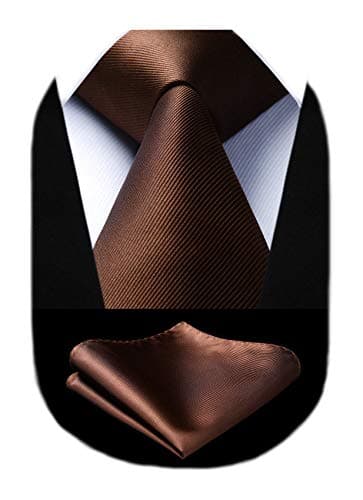Image of Enlision Men's 3.3" Solid Brown Silk Tie Pocket Square Formal Wedding Party Necktie & Handkerchief Set(Gift Box)- Multiple Color