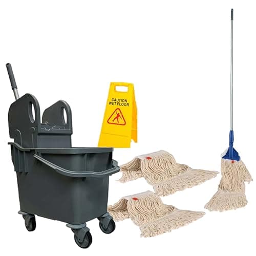 Image of Complete 25l Mop and Bucket Set With Warning Sign by Bayersan- Full Floor Cleaning Bucket & Cleaning Bundle Kit For Household & Commercial Use - 3 X Squeeze Mop Heads (Grey)