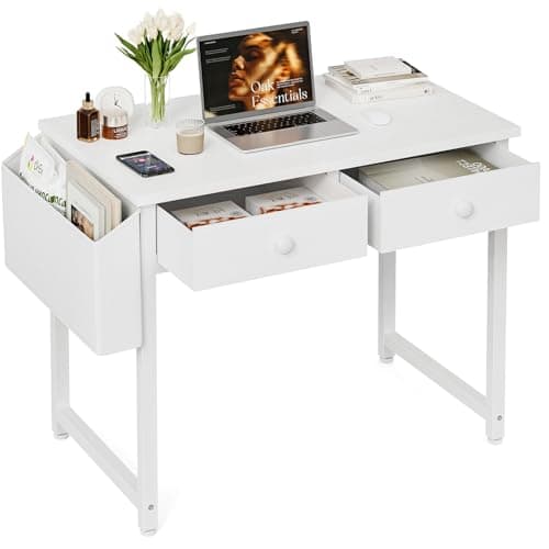 Image of Grandder Small Computer Desk with 2 Fabric Drawers, 80 x 40 cm Home Office Desk with Storage Bags and Drawers, Study Writing Gaming Table for Small Spaces, White