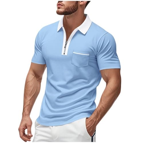 Image of Mens Polos Shirts Short Sleeve UK Quarter Zip Golf Polos Shirts with Pocket Slim Fit Contrasting Colors Tennis T-Shirt Breathable Summer Casual Tee Tops Turn-Down Collar Pullover S-3XL Light Blue