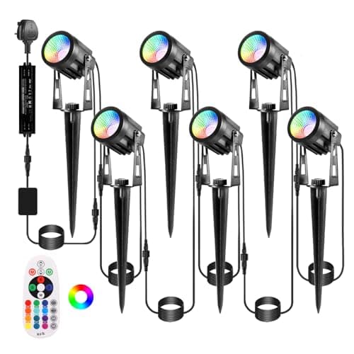 Image of ECOWHO Garden Spotlights Mains Color Changing Outdoor Garden Spike Lights IP65 Waterproof 20m Extendable Xmas Spot Lights 12V Garden Lights Timer Remote for Holiday Decor(Cool White&RGB)