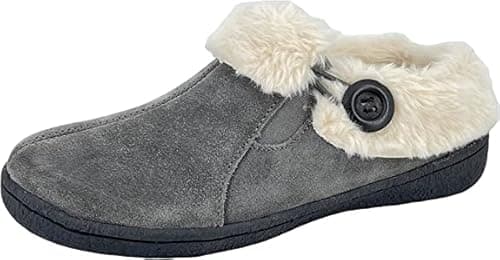 Image of Clarks Womens Suede Leather Slipper with Gore and Bungee JMH2213 - Warm Plush Faux Fur Lining - Indoor Outdoor House Slippers For Women (Grey Premium Suede, 6), Grey, 3.5 UK