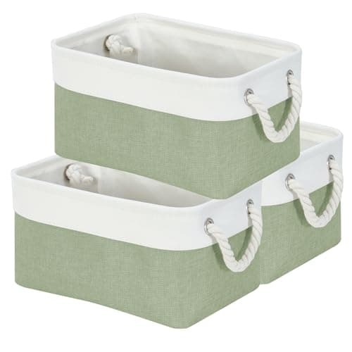 Image of Mangata Set of 3 Soft Fabric Storage Baskets with Handles, Multi-Size, Rectangular Linen Organiser Boxes for Shelf & Wardrobe, 31x21x16 cm, Green & White (Small, 3 Packs)