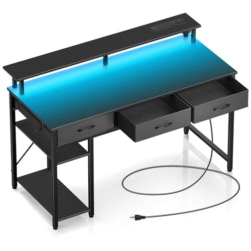 Image of Rolanstar 120cm Computer Desk with Monitor Stand & Storage - 3 Fabric Drawers, 2 Shelves, Gaming Desk with LED Lights & Power Outlets, Home Office Desk, Study Writing Table for Work Play(Black)