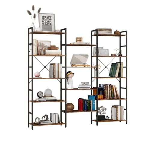 Image of Panana 5/6 Tier Industrial Bookcase, Wooden Book shelf with 14/17 Shelves Floor Standing Shelving Unit, Metal Frame Book Rack, Display Storage Rack for for Living Room, Home Office (Brown, 5 Tier)