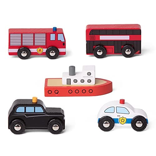 Image of Bigjigs Rail City Vehicles Set | Wooden London Transport Toy | 5 Piece Fleet with Police Car, Fire Engine & Red Double Decker Bus | Classic Gift for Kids, Boys & Girls Age 3+