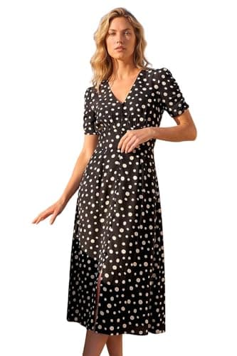 Image of Roman Originals Swing Tea Dress Women UK Ladies Skater Midi A Line Fit & Flare Summer Casual Smart Cocktail Party Going Out Work Cruise Button Through Long Pocket - Polka Noir - Size 14