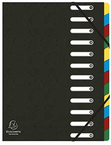 Image of Exacompta - Ref 55121E - Harmonika Multipart File - 24.5 x 32cm in Size, Suitable for A4 Documents, 12 Multi-Coloured Tabbed Sections, Premium Pressboard Cover - Black Cover