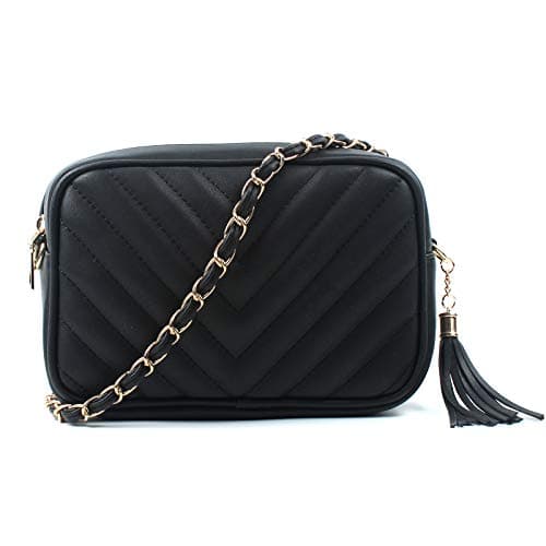 Image of AOSSTA Women's Cross-Body Bag Designer Quilted Shoulder Bag for Women Handbag Tassel With Chain Strap (Black, S)