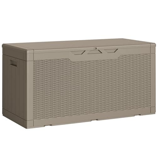 Image of MARIVIA Greesum 100 Gallon Resin Deck Box Lockable Large Outdoor Storage Boxes for Garden Tools, Patio Furniture Cushions, Pool Supplies, Light Coffee