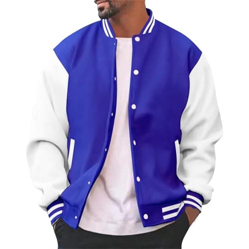 Image of Generisch Mens Fashion Varsity Jacket Casual Slim Fit Cotton Letterman Baseball Bomber Jacket Urb An Classic College Jacket, blue, M
