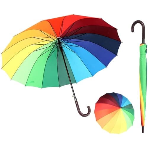 Image of Youyijia 45inch Rainbow Umbrella Windproof 16 Rib Large Golf Umbrella - Durable Long Handle Straight Anti-UV Umbrella with Reinforced Canopy - Manual Big Parasol for Adult Men Women
