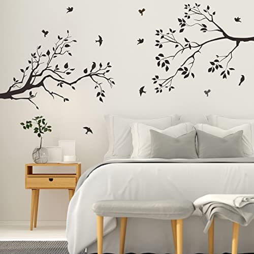 Image of Runtoo Tree Branch Wall Art Decals Black Birds Leaves Wall Stickers for Bedroom Living Room Nursery Wall Decor
