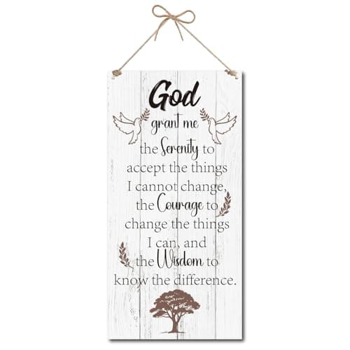 Image of CREATCABIN Prayer Wall Decor Hanging Wood Sign Wooden Rectangle Printed Inspirational Serenity Ear of Wheat Peace Dove Tree Decoration Sign with Jute Twine for Front Door Farmhouse 6 x 12 Inch