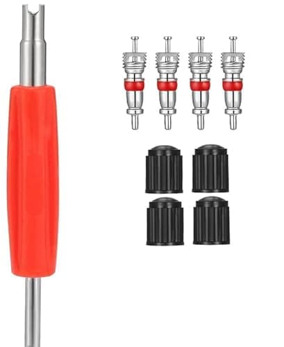 Image of Tyre Valve Repair Kit, Car Tyre Valve Removal Tool Set, Dual Head Valve Core Remover, 4 Pcs Tire Valve Caps, 4Pcs Valve Cores, Fit for Car Bicycle Auto Easy Tire Maintenance