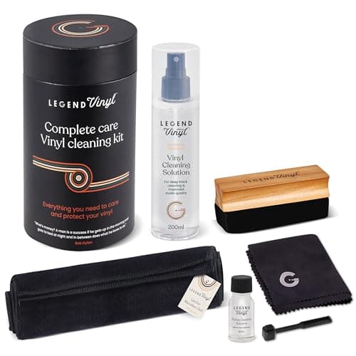 Image of Legend Vinyl Complete Care Vinyl Cleaning Kit - 200ml Cleaning Solution, 2 Large Microfiber Cloths, Wooden Handle Dust Brush, Carbon Fibre Stylus Brush & Fluid for Record Cleaning