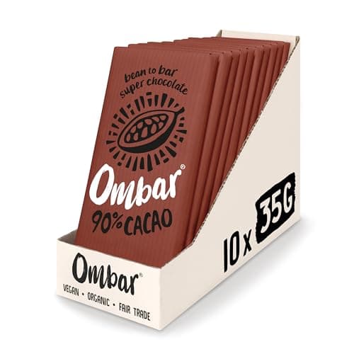 Image of OMBAR Vegan Chocolate Bar - 90% Dark Chocolate - Organic Fair Trade Chocolate - Dairy and Gluten Free - Raw Cacao - 35g - Pack of 10
