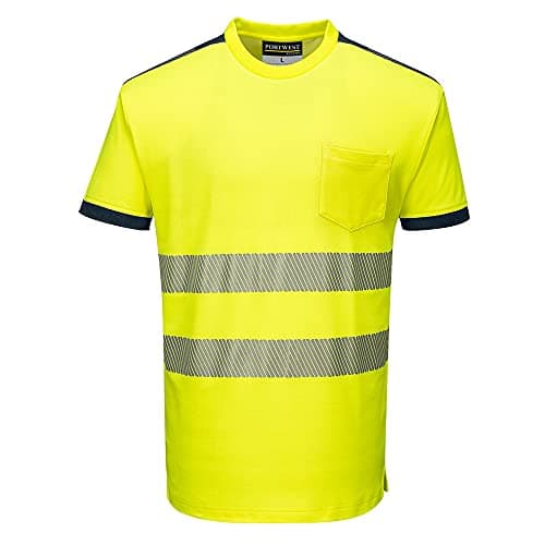 Image of Portwest PW3 T181 Mens Hi-Vis Cotton Comfort T Shirt Short Sleeve Breathable Reflective Tape Safety Workwear Crew Neck Construction Rail Warehouse High Visibility Top, Yellow/Navy, L