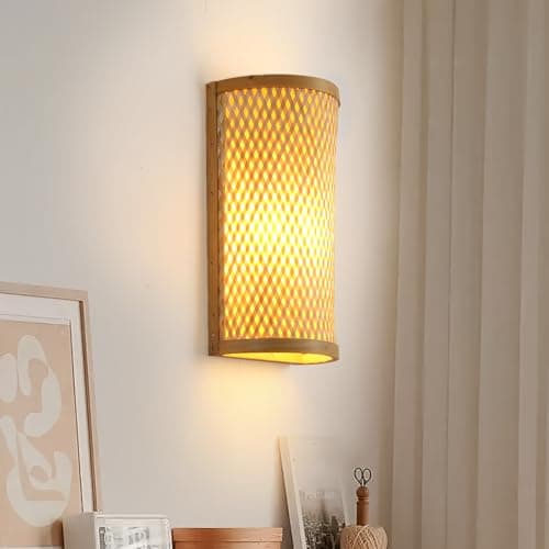 Image of Schindora Wall Lights Bamboo Wood,Boho Lamp Wall Lights for Living Room Vintage Rustic Decor E27 Hand Woven Wall Light for House Bedroom Bedside