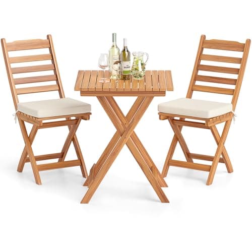 Image of COSTWAY Folding Patio Bistro Set, 3 Piece Acacia Wood Table and Chairs Set with Cushions & High Back, Outdoor Dining Furniture Set for Balcony, Garden and Poolside (1, Horizontal Bar Backrest)