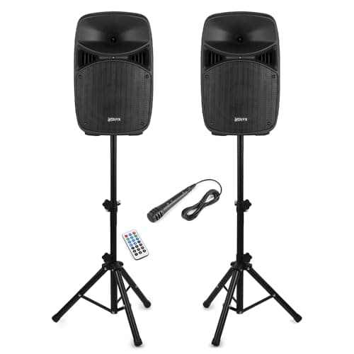 Image of Vonyx VPS102A 10" Active DJ PA Speaker System with Bluetooth, USB/SD MP3 Playback, Adjustable Sound Control, Active/Passive Pair with Microphone & Speaker Stands Included