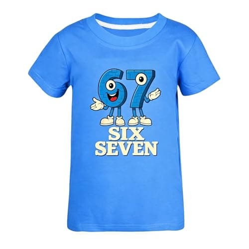 Image of SharkBebe Boys' Short Sleeve T-Shirt Meme with Cartoon Number 67 Six Seven Cotton Graphic Sports Top Tee Ages 4-13 Years (UK, Age, 7 Years, 8 Years, Regular, Blue)