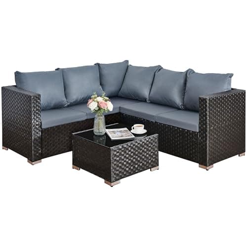 Image of AOUXIN 5 Seater Rattan Garden Furniture Set, Rattan Corner Sofa Set Patio Sofa with Glass Table (Grey)