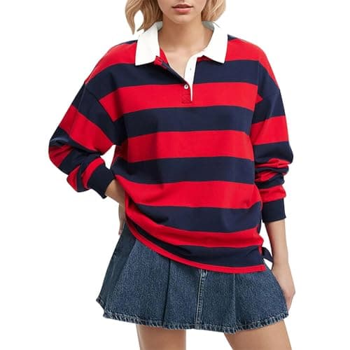 Image of Women's Oversized Striped Sweatshirt Long Sleeve Rugby Collared Pullover Tops Loose Fit Shirt Mock Top (Red, L)