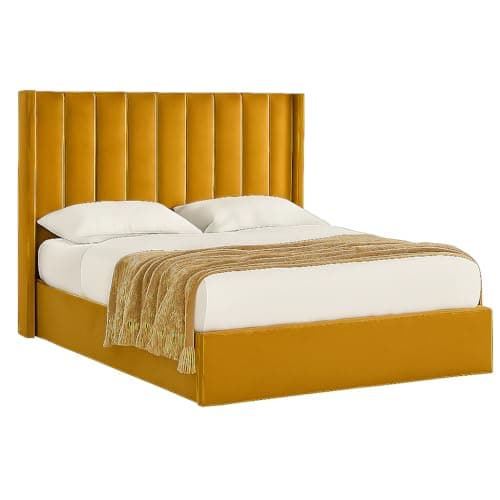 Image of Double Winged Panel Storage Bed Frame Upholstered Plush Velvet Ottoman Gas Lift storage (Mustard, 5ft king size)