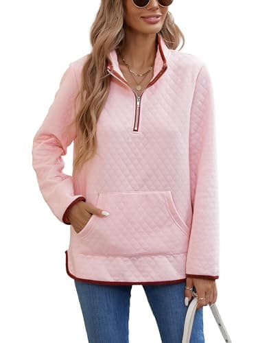 Image of iChunhua Half Zip Sweatshirts for Women Basic Soft Contrast Trim Jumpers Autumn Winter Cosy Zip Front Tops Ladies Quilted Pullover Pink L