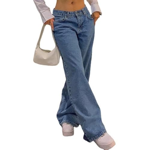 Image of DSXH Straight Leg Pants Denim Trousers Vintage Loose Blue Washed Mom Jeans Low Rise Jeans Women's Loose Jeans(Blue,S)
