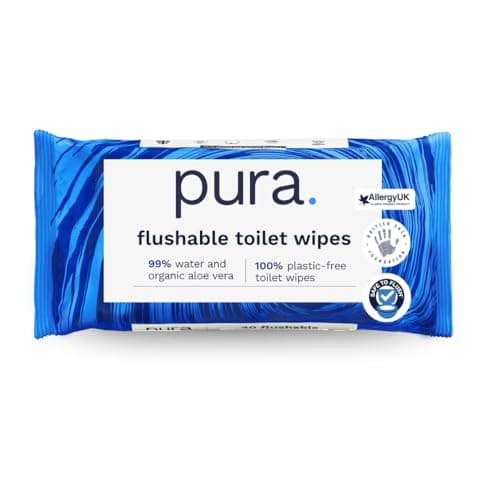 Image of Pura Flushable Moist Toilet Tissue Wipes, 1 Pack of 40 Wet Wipes, 100% Plastic Free, 99% Water Clean Washlets, Certified ‘Fine to Flush’ Biodegradable, Compostable, Vegan, Gentle Clean