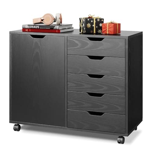Image of DEVAISE Mobile File Cabinet with 5 Drawers, Printer Stand with Wheels and Door for Home Office Storage, Stylish and Functional Design, Black