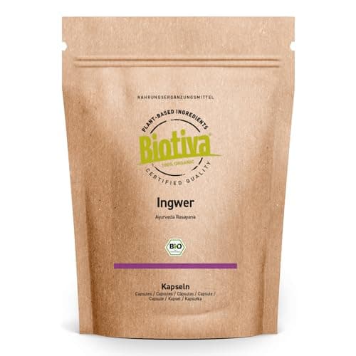 Image of Ginger Organic Capsules, Pack of 180, 400 mg per Capsule, Zingiber Officinale, Guaranteed without Additives, 100% Vegan, Bottled and Controlled in Germany Biotiva