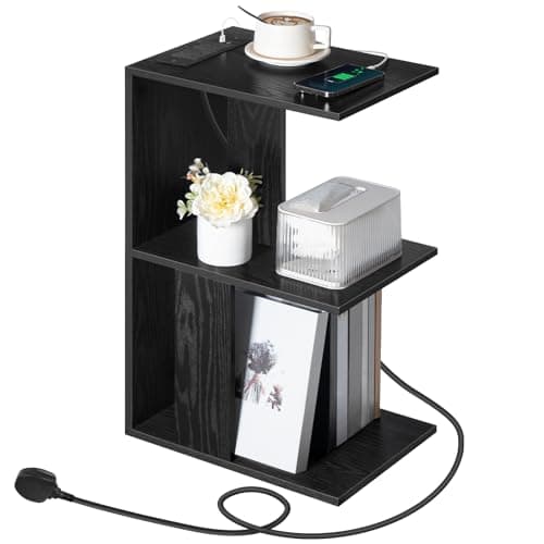 Image of MAHANCRIS End Table with Charging Station, Narrow Side Table for Small Spaces with USB Ports and Outlets, Bedside Nightstand with Light for Living Room, Black AETHB18KE01