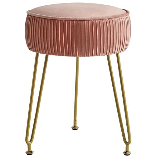 Image of IBUYKE Velvet Vanity Stool Ottoman, Round Footrest Chair, Makeup Dressing Table Seat, Pouf Couch Stool, for Living Room, Golden Steel Legs, Pink L/G-30P